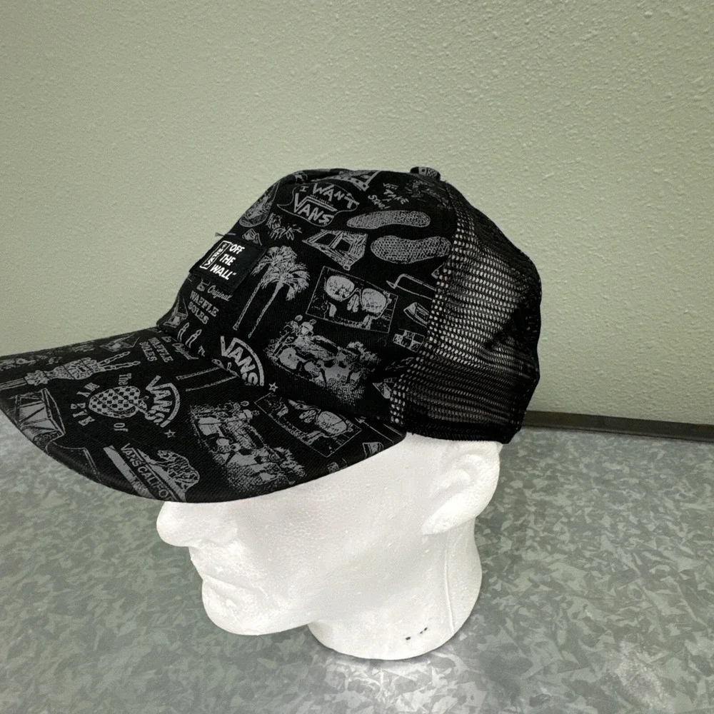 Vans‎ Snapback Trucker Hat All Over Print Mesh Waffle Soles Rare Black Retro